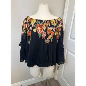 EMBER‎ Black Floral Off Shoulder Bell Sleeve Tie Blouse Top Women's XL